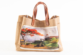 Amorsolo Jute Bag w/ synthetic leather handle (landscape with firetree)